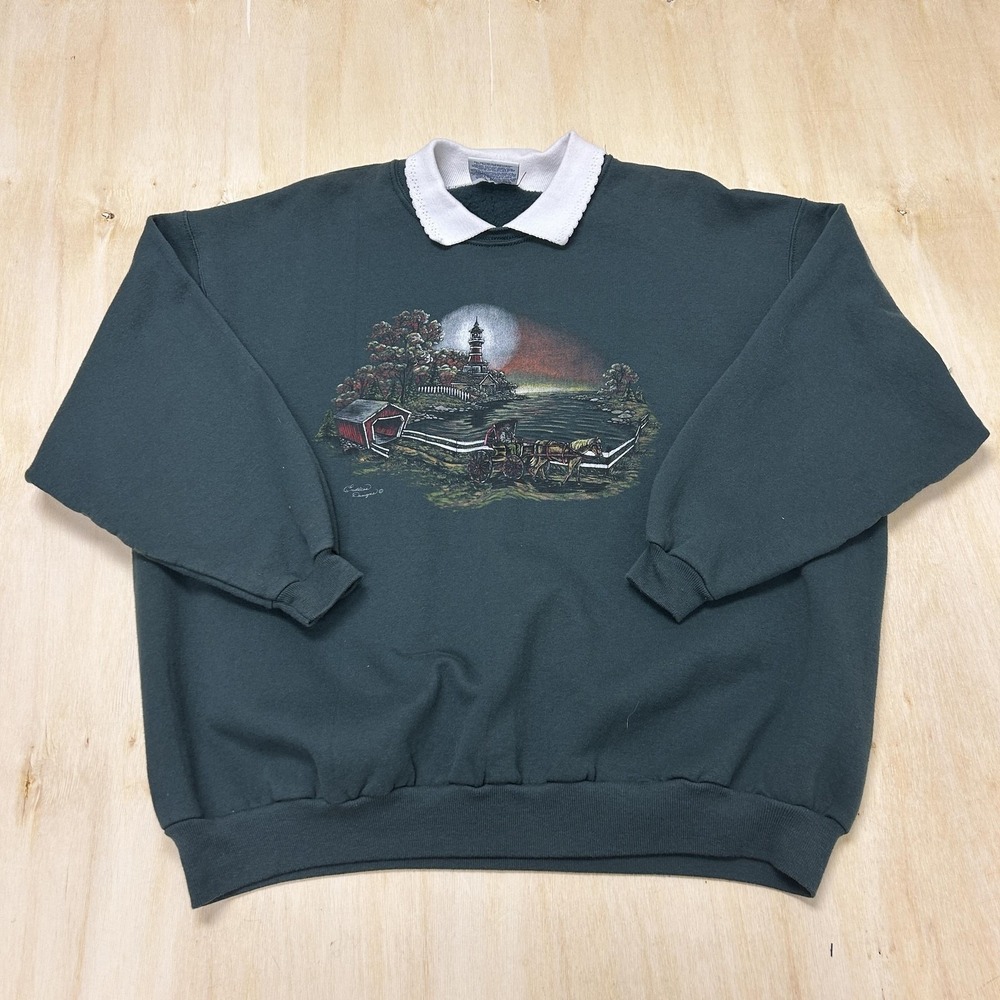 Vintage Endless Designs Sweatshirt Women 3XL Green Fleece Collared Horse Cottage